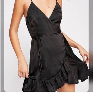 Free People Black Satin Wrap Dress Adjustable Straps Size M